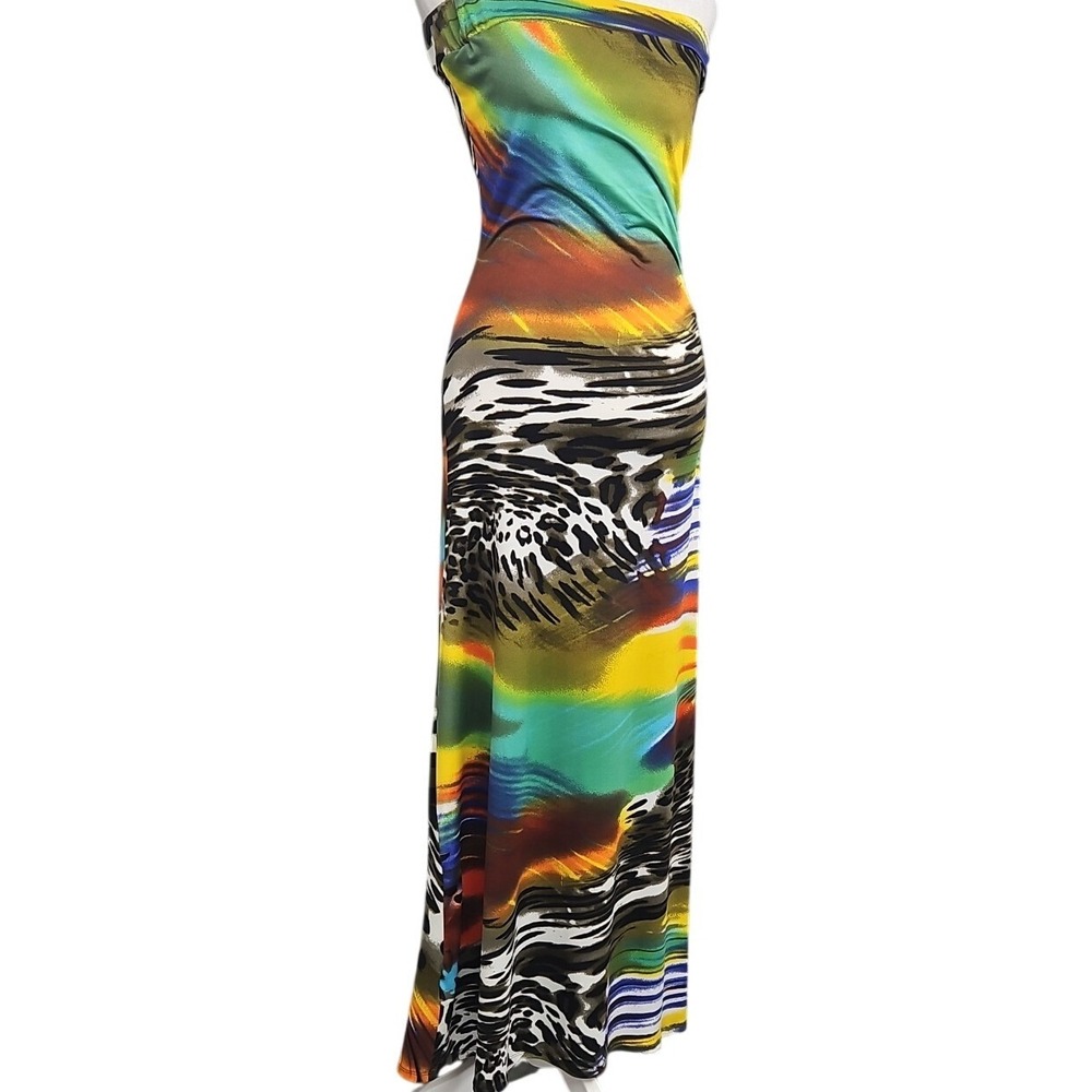 Multicolor Abstract Animal Print Strapless Side Ruched Maxi Tube Dress Y48044